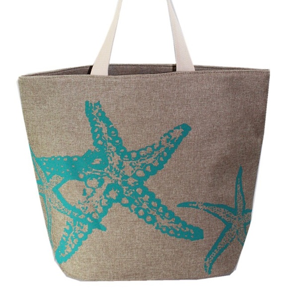 Yumi Beige Canvas Starfish Design Tote - Picture 1 of 6